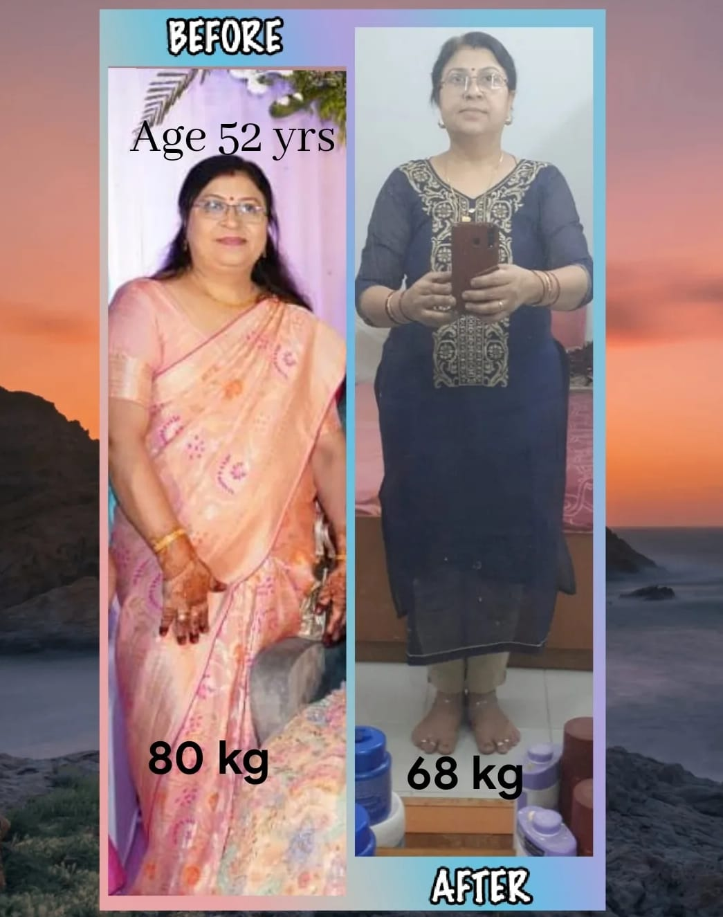 Before and after — Age 52 — 12 kg lost